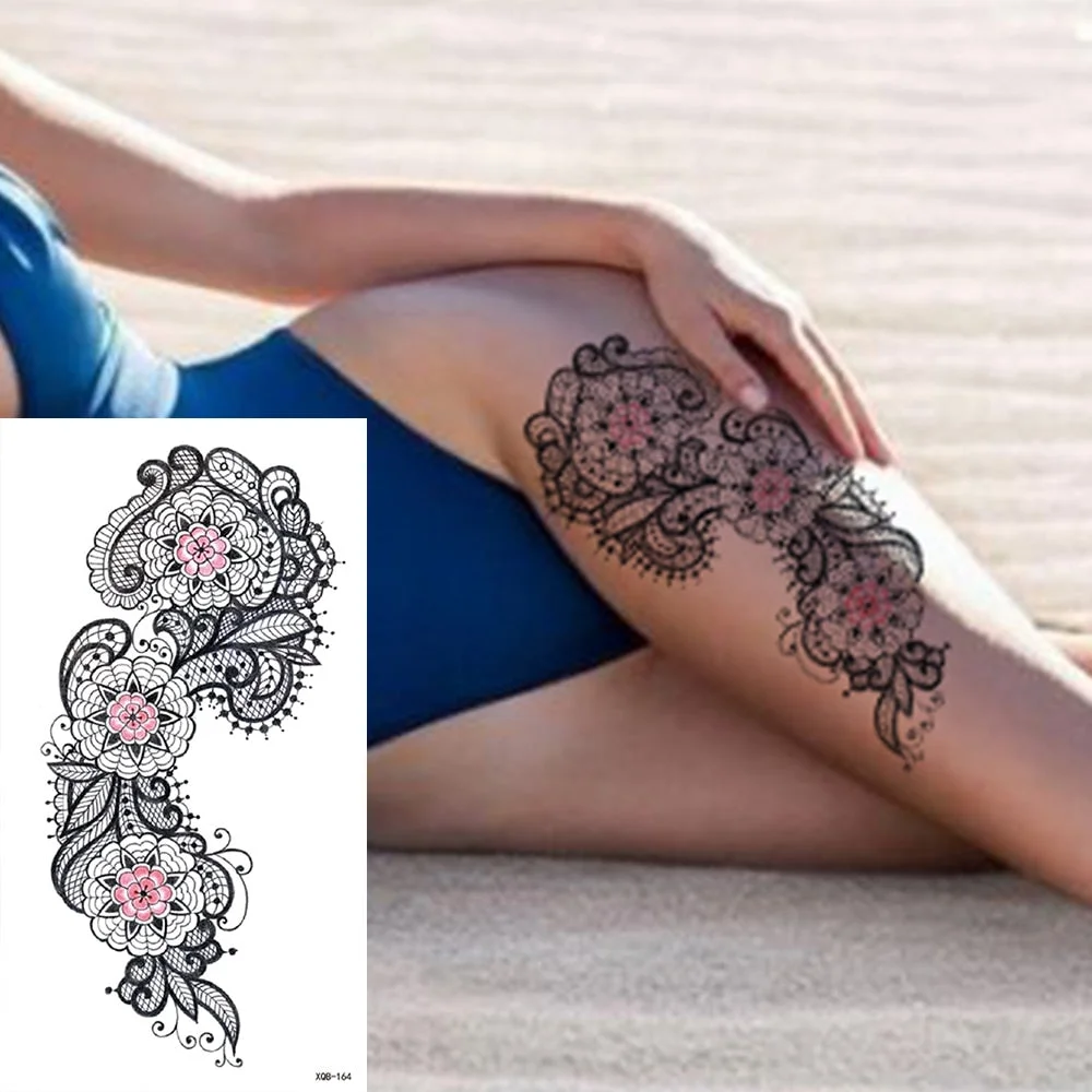 Waterproof Temporary Tattoo Sticker 3D Lace Rose Flower Tattoos Line Lotus Body Art Arm Fake Sleeve Tatoo Women Men