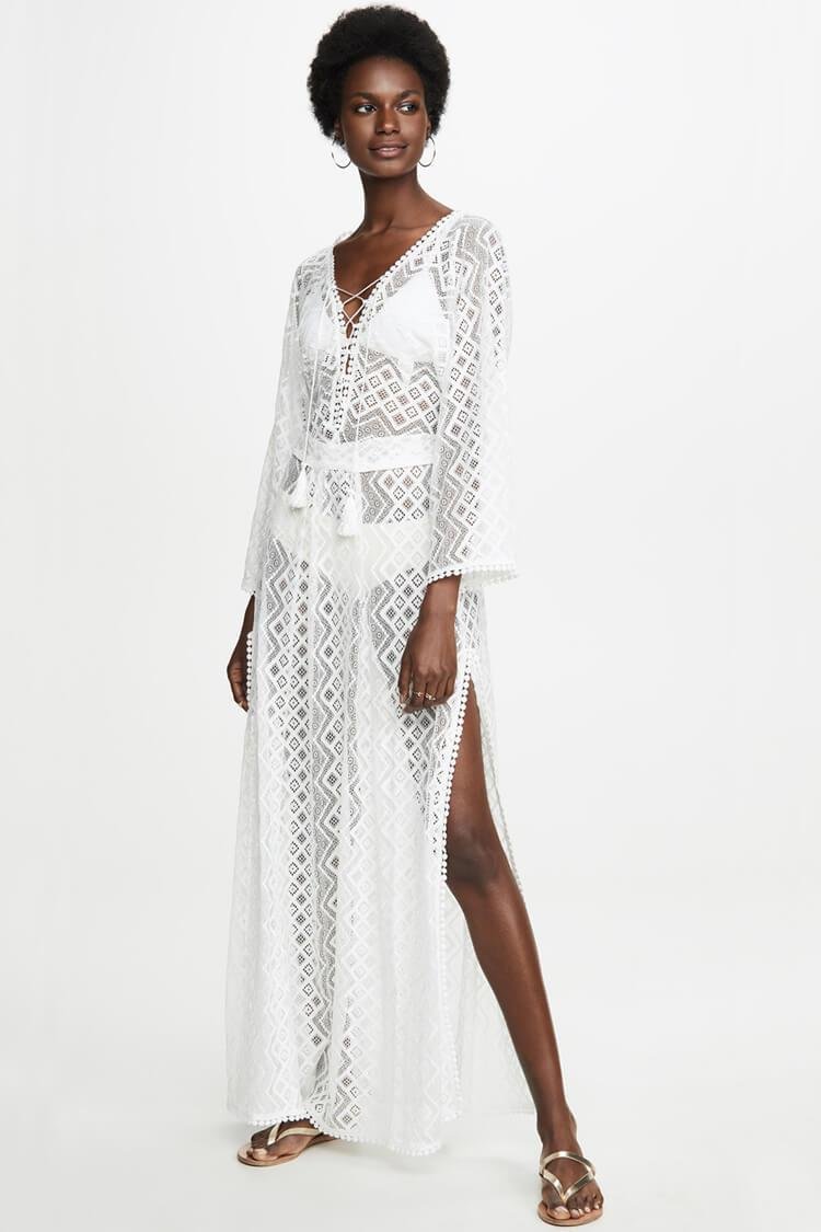 Exquisite Sleeved Geometric Crochet Lace Cover Up-elleschic