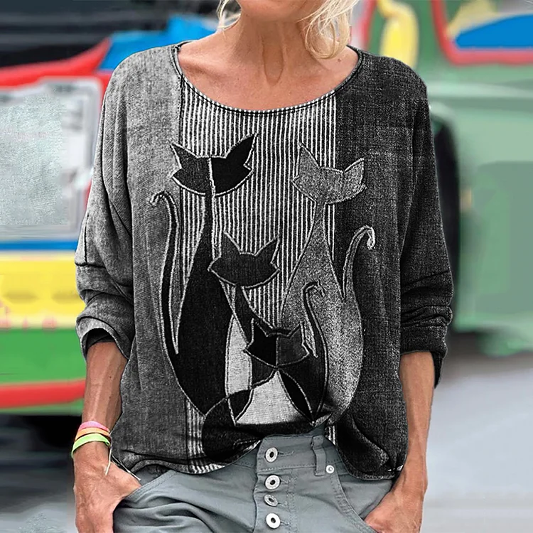 Cats Geometric Denim Patchwork Fiber Art T Shirt