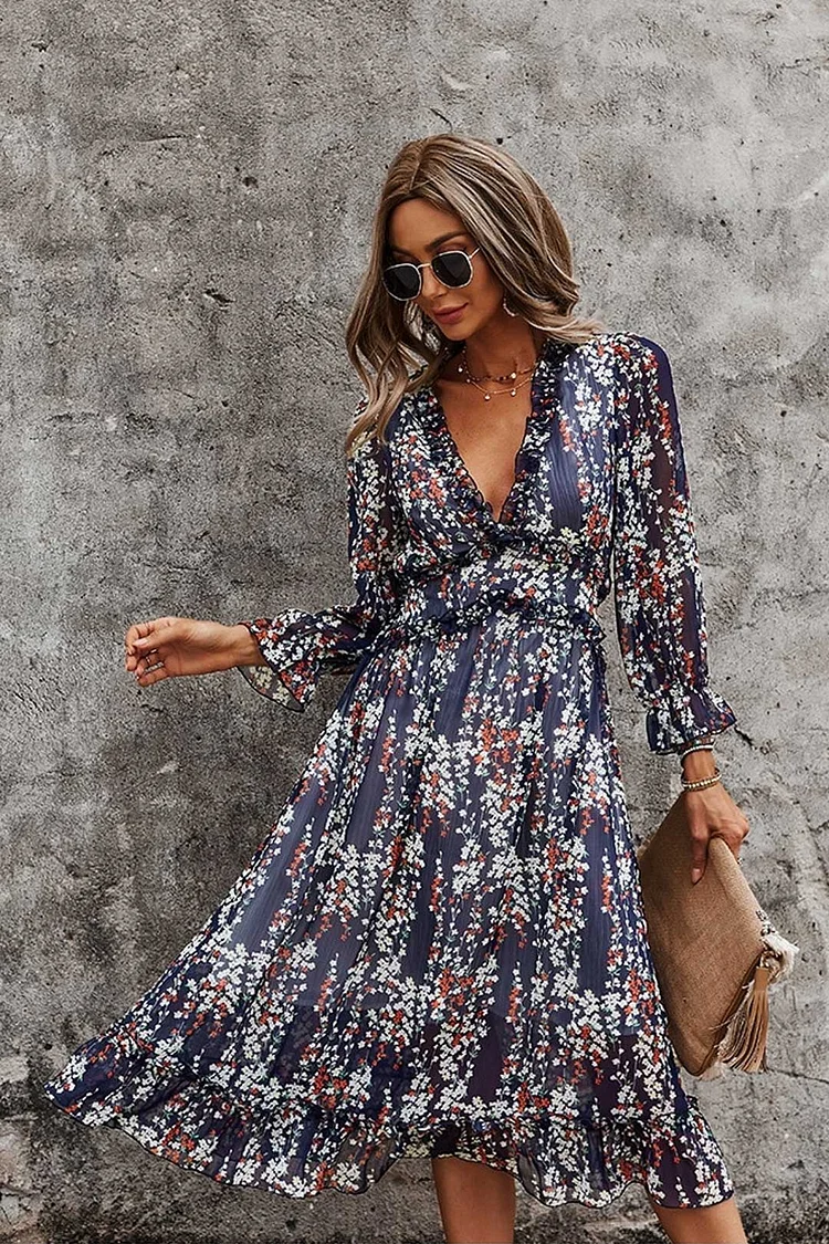 Luditu Midi Dress, Ruffle Floral Lillian Navy
