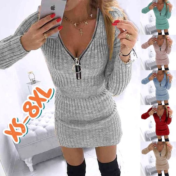 Women Fashion Plus Size Autumn And Winter Warm Casual Long Sleeve Dress Package Hip Party Dress Ladies Pullover Mini Slim Fit Knitted Dress - Chicaggo