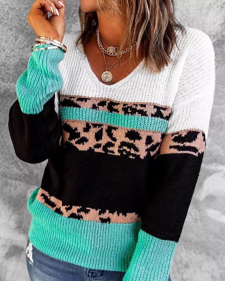 Colorblock Leopard Print Ribbed V Neck Sweater - Shop Trendy Women's Clothing | LoverChic