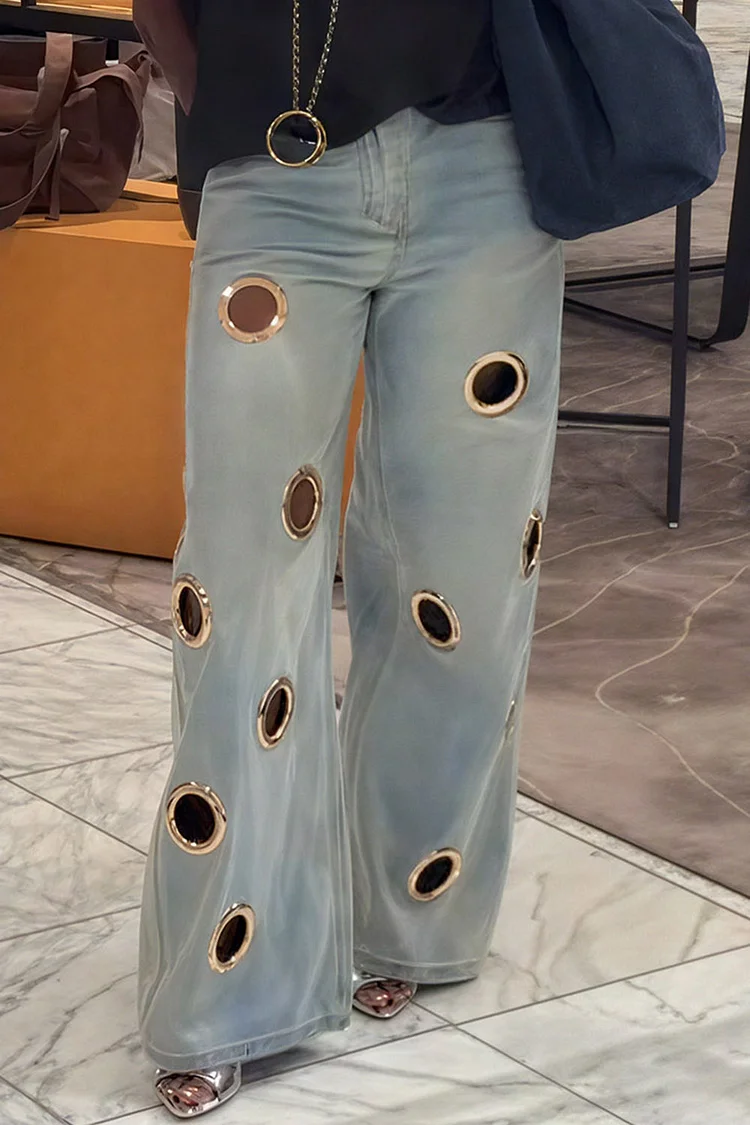 Plus Size Business Casual Blue Cut Out Casual Wide Leg Denim Jeans [Pre-Order]