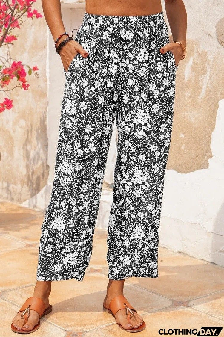 Floral Print with Pockets Elastic Waist Pants