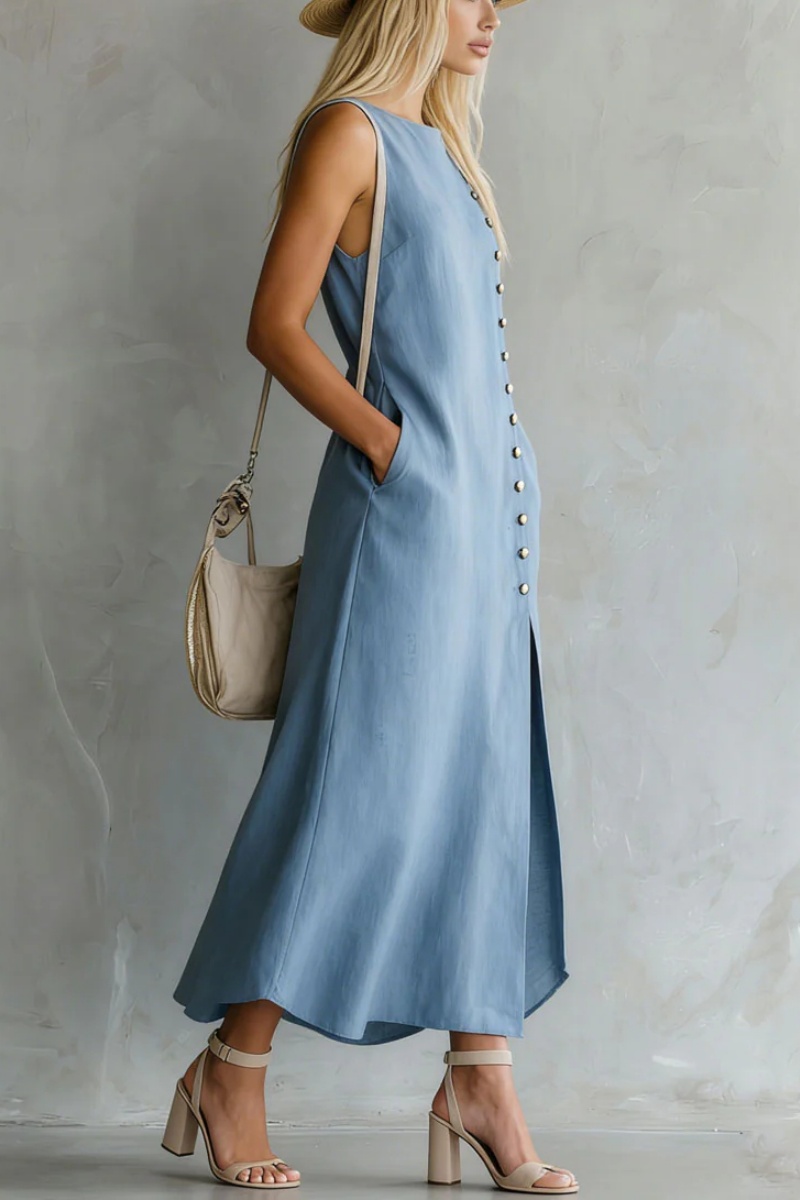 Round Neck Side Slit Sleeveless Cotton Midi Dress