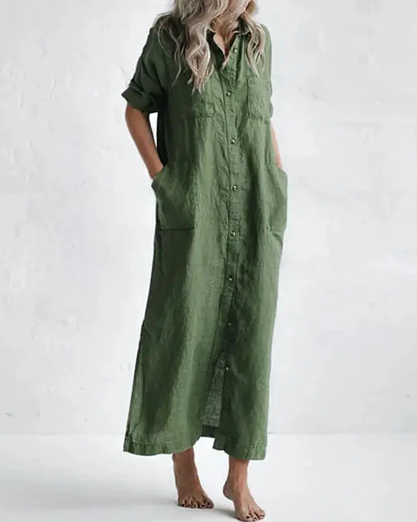 Casual Green Solid Linen Button up Shirt Dresses-nanadresses