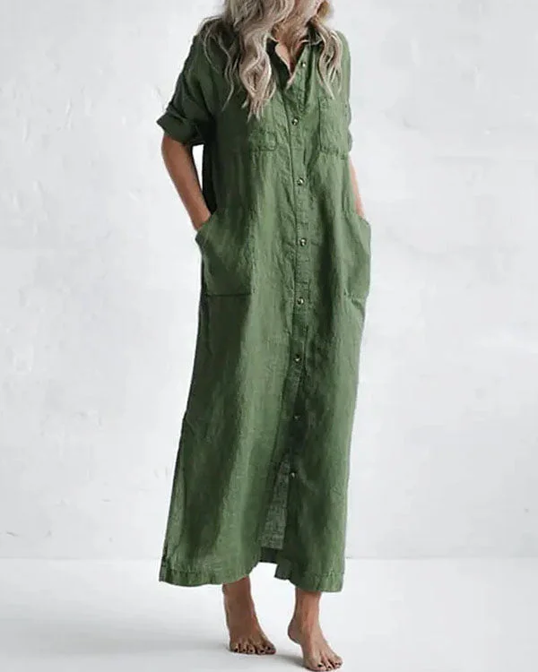 Casual Green Solid Linen Button up Shirt Dresses