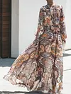 Retro Print V-Neck Long Sleeve Loose Empire A-Line Maxi Dress