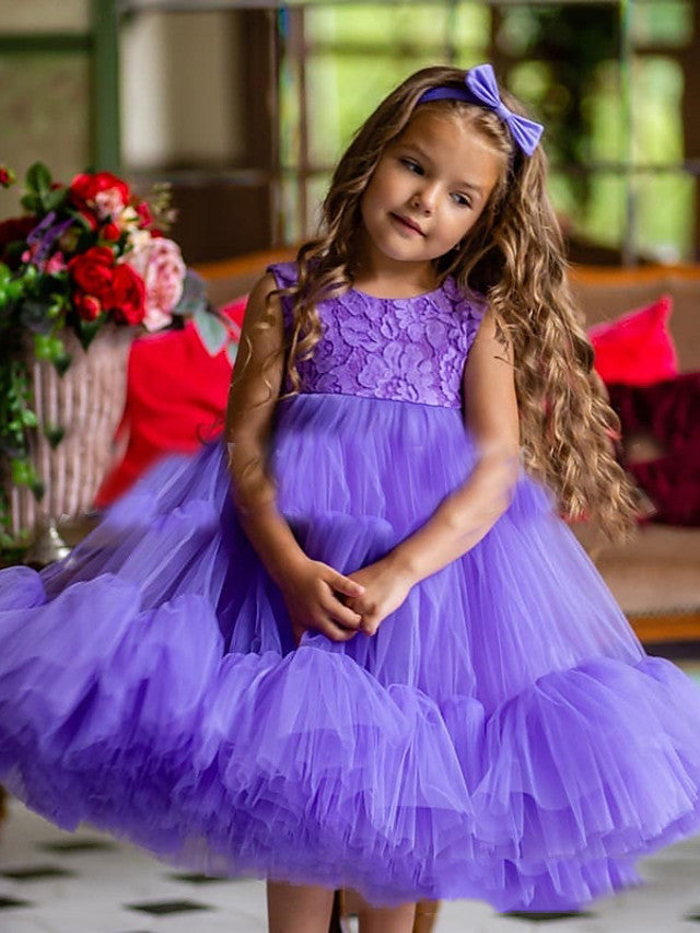 Oknass  A-Line Sleeveless Jewel Neck Flower Girl Dresses Tulle With Pleats Cascading Ruffles
