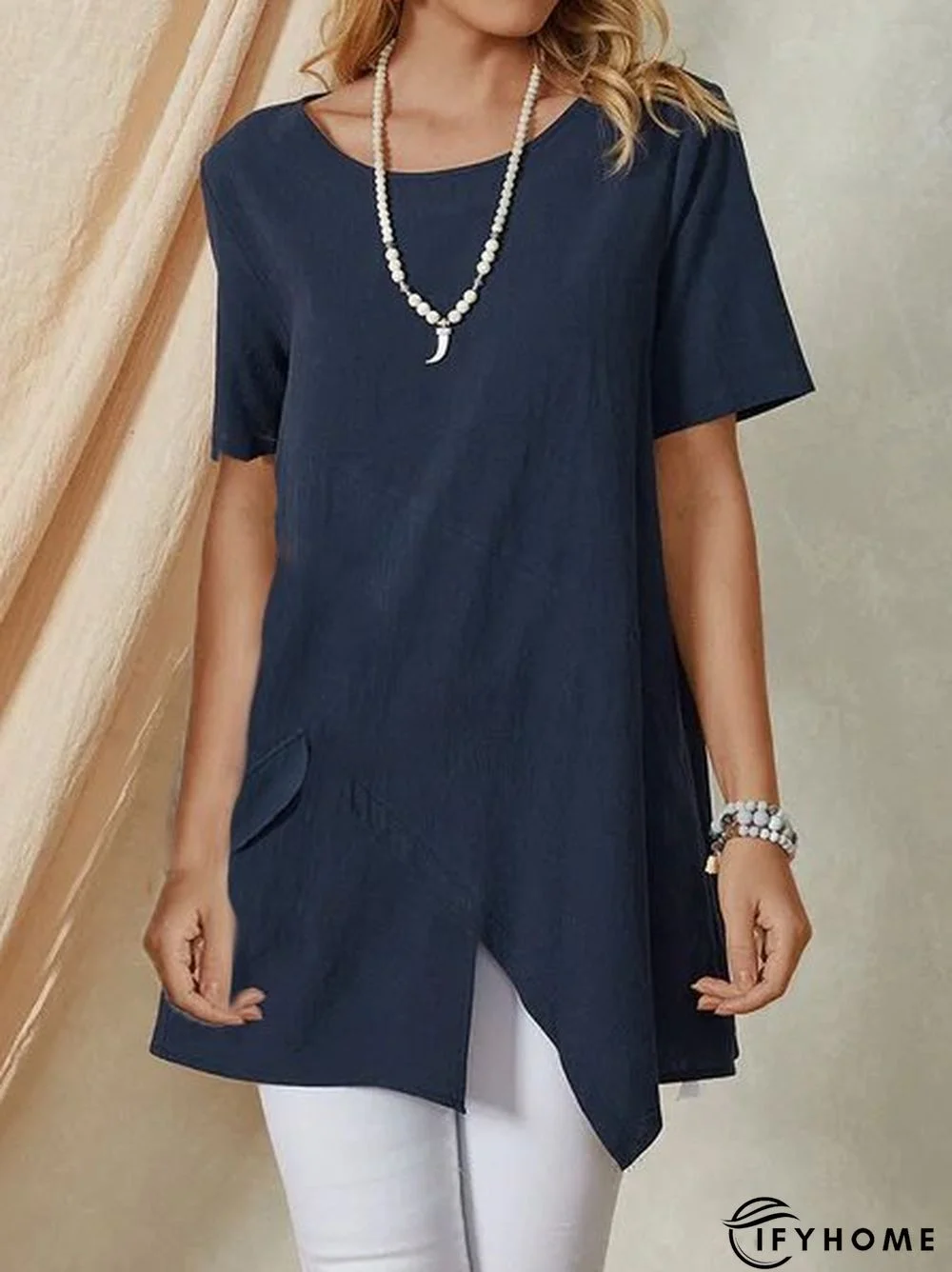 Cotton-Blend Solid Short Sleeve Crew Neck Top | IFYHOME