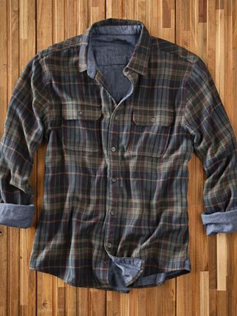Men's autumn and winter double pocket plaid shirt