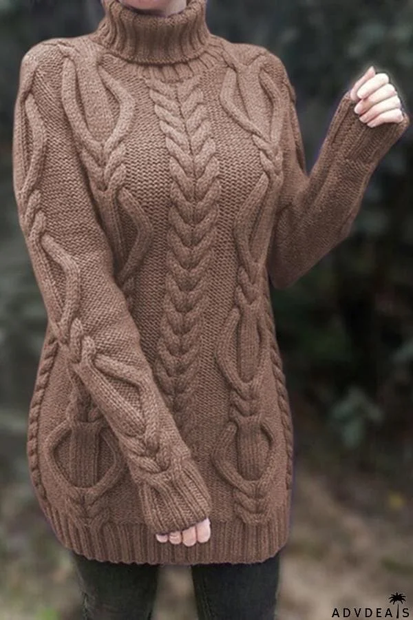 High Neck Solid Cable Knit Sweater