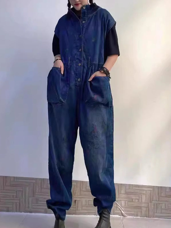 Women's Printed Gradient Casual Retro Wide-leg Workwear Denim Overalls Jumpsuit