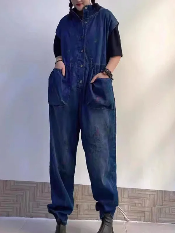 Women's Printed Gradient Casual Retro Wide-leg Workwear Denim Overalls Jumpsuit
