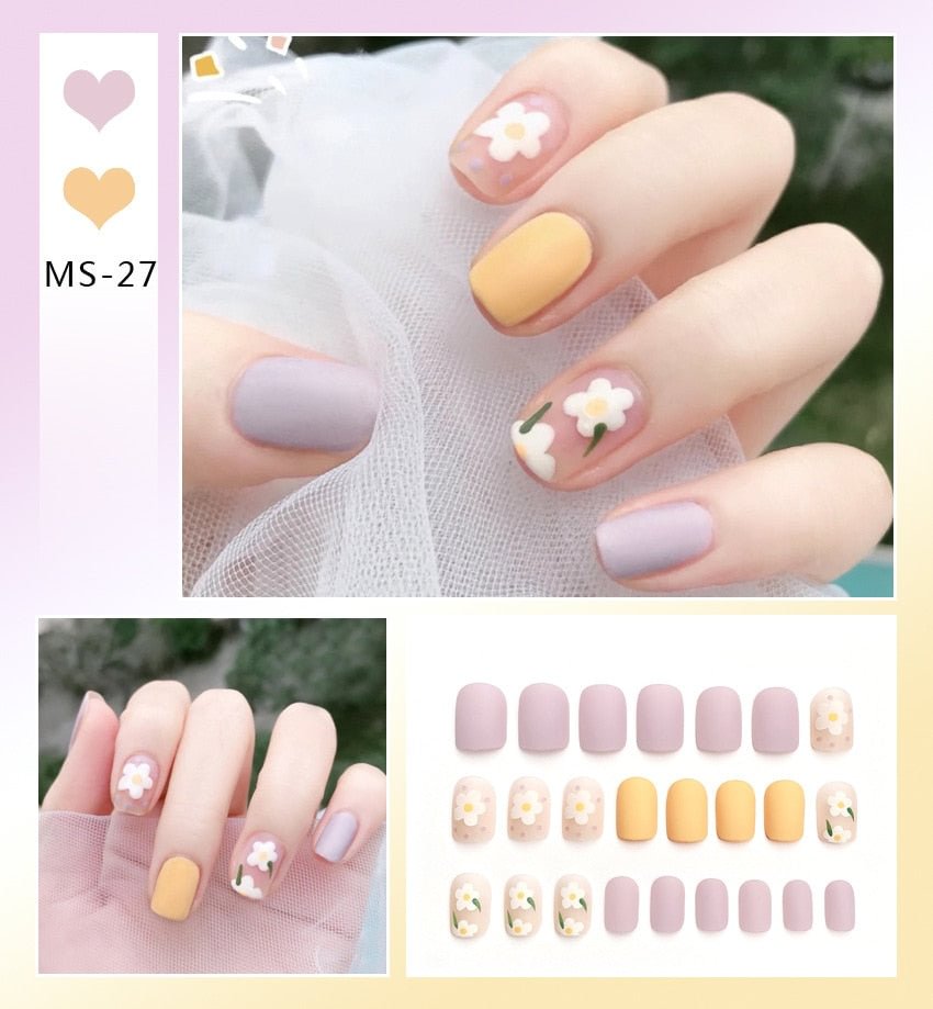 24pcs Small Fresh White Flowers Decorated Frosted Matte Wearable Fake Nails Suitable Fairy Girl Summer Hand Decoration T
