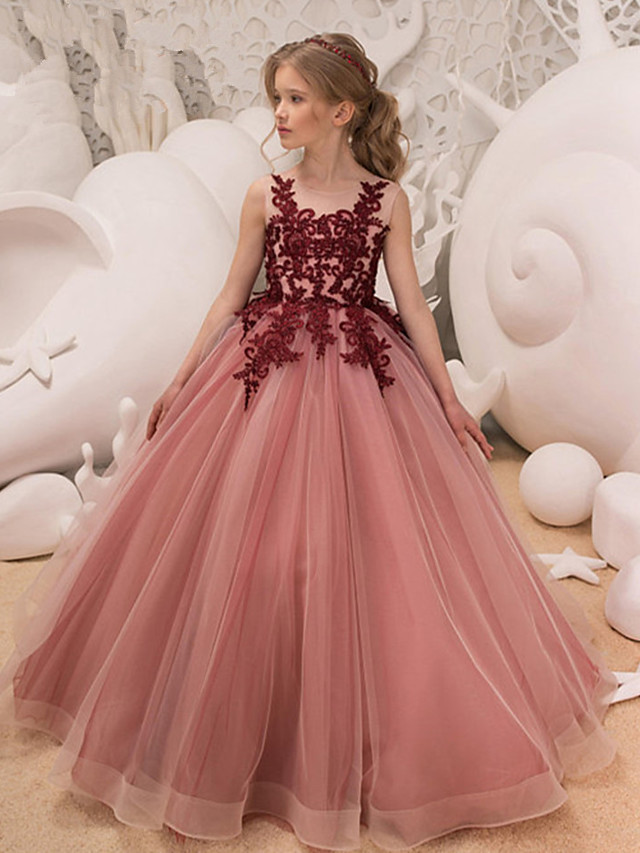 Dresseswow Sleeveless Jewel Neck Ball Gown Floor Length Flower Girl Dress Tulle With Bow Appliques