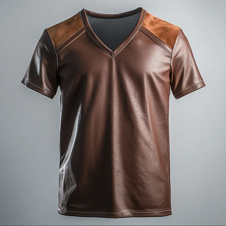 Men's V Neck Patchwork PU Leather Short Sleeve T-Shirt