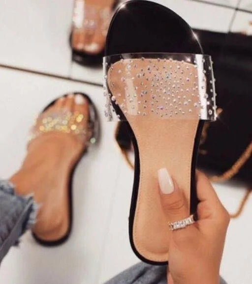 Qengg Transparent Women Slippers New Rhinestone Shiny Comfort Ladies Holiday Vocation Slides Solid Black Female Summer Shoes