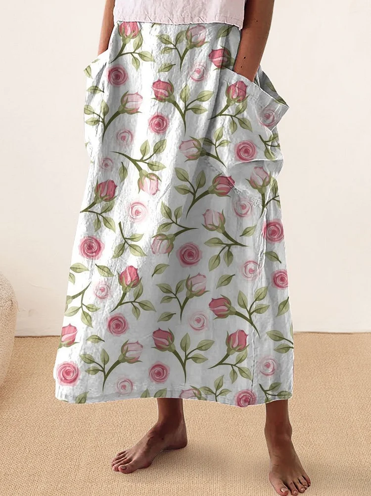 Women's  Vintage Flower Print  Linen Pocket Skirt