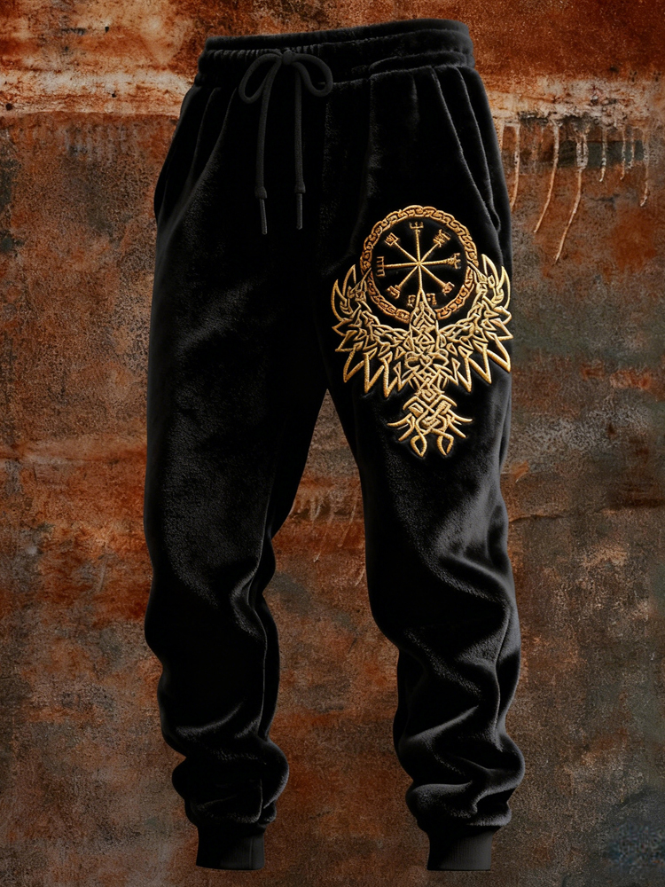 Men's Viking Vegvisir Embroidered Cozy Plush Sweatpants elevenforest