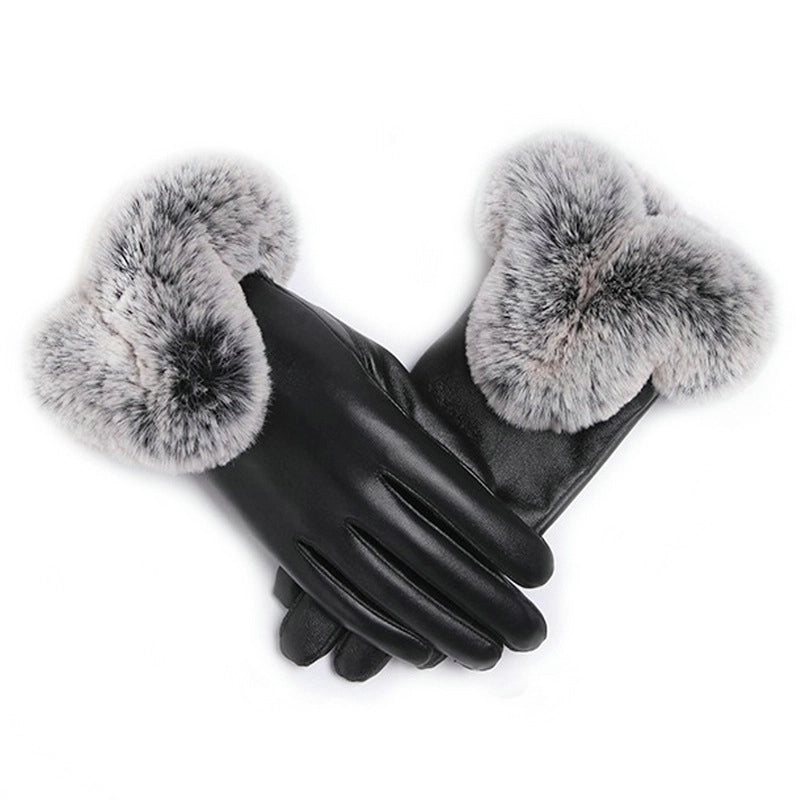 Winter Women's Wool Mouth Warm Gloves Fleece-lined PU Leather Gloves Cold-proof Driving Cycling Winter Touch Screen Ski Gloves