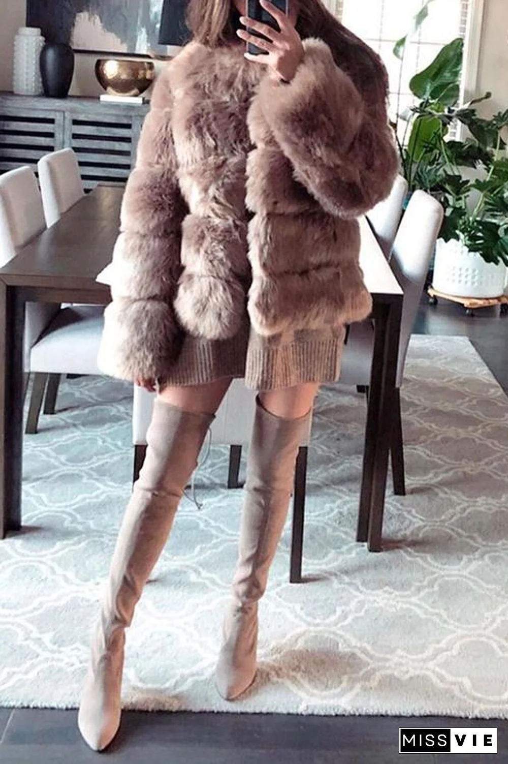 Layer O Neck Faux Fur Coat