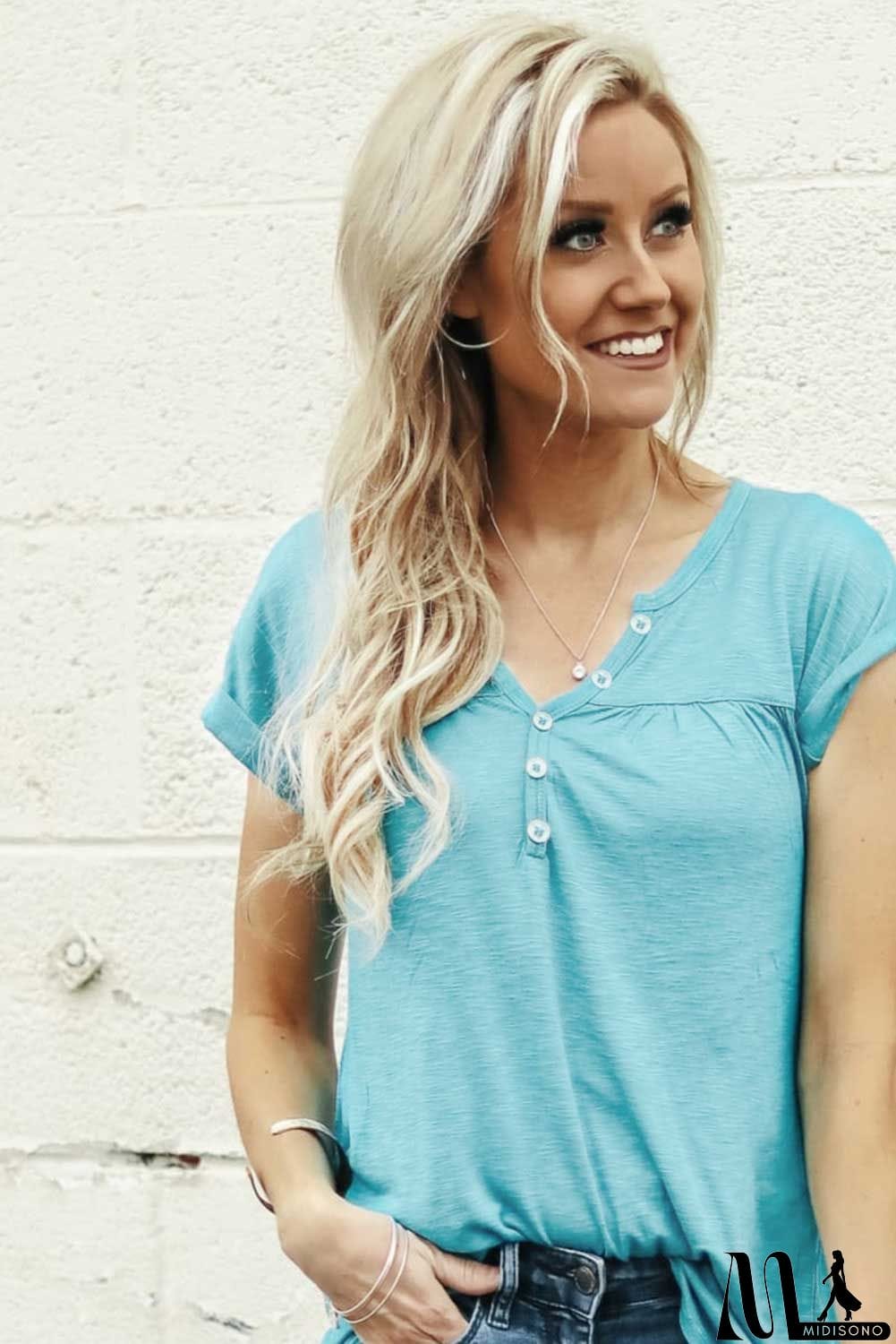 MidiSono - Buttoned Detail Cotton Blend Short Sleeve T-shirt