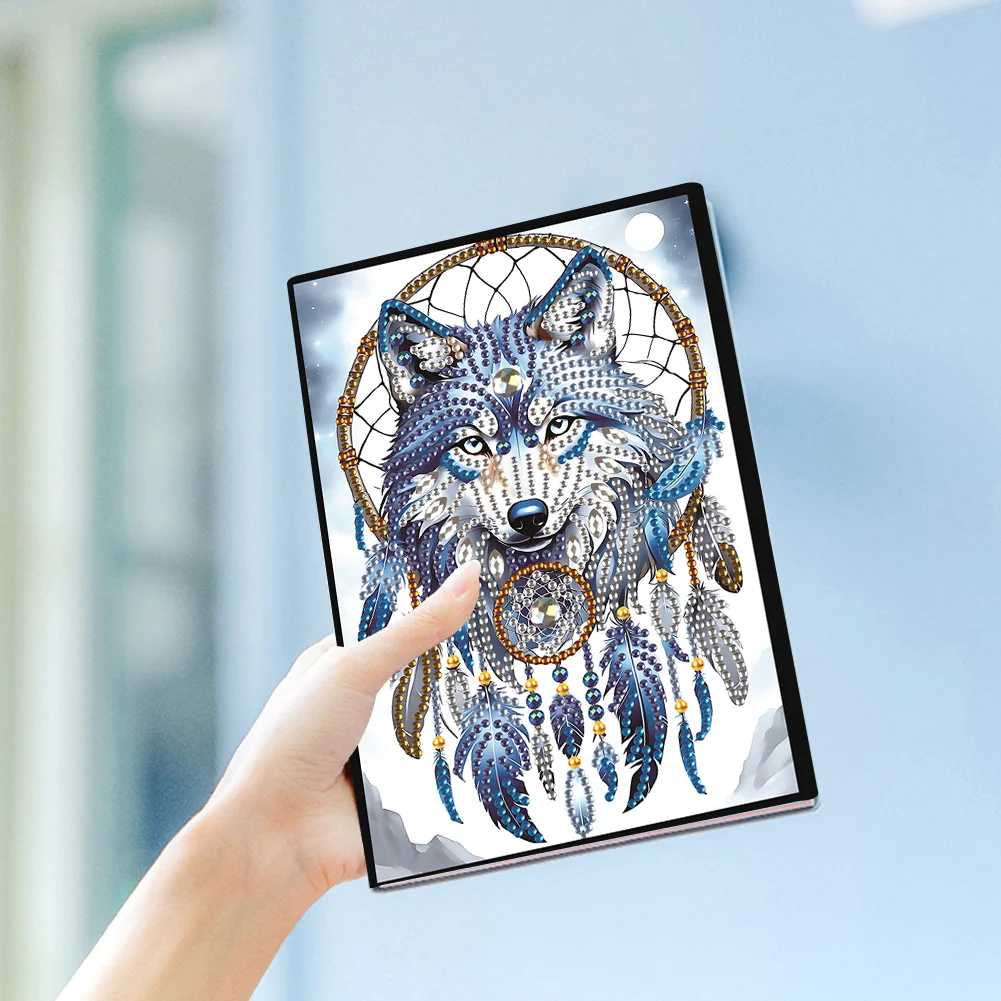 Animal Diamond Painting Notebook DIY Diamond Art Diary Book(Dreamcatcher Wolf B)