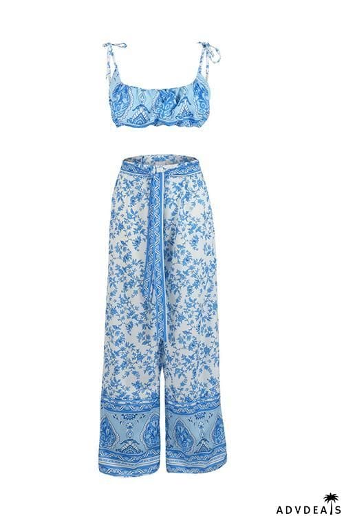 Off Shoulder Floral Print Knot Pants Set