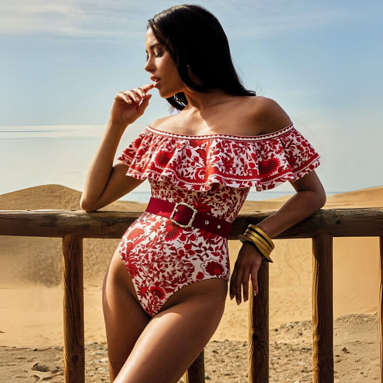 Bandeau Ruffled Red Flower Silhouette Print One Piece