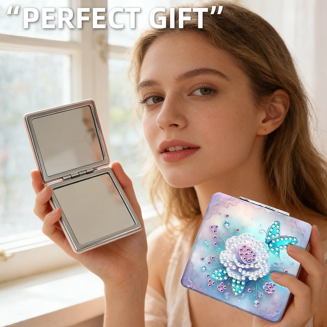 White Flower DIY Special Shaped Diamond Painting Compact Mirror Kits Diamond Art Painting Pocket Mirror for Beginners Adults Art Craft Woman Gifts