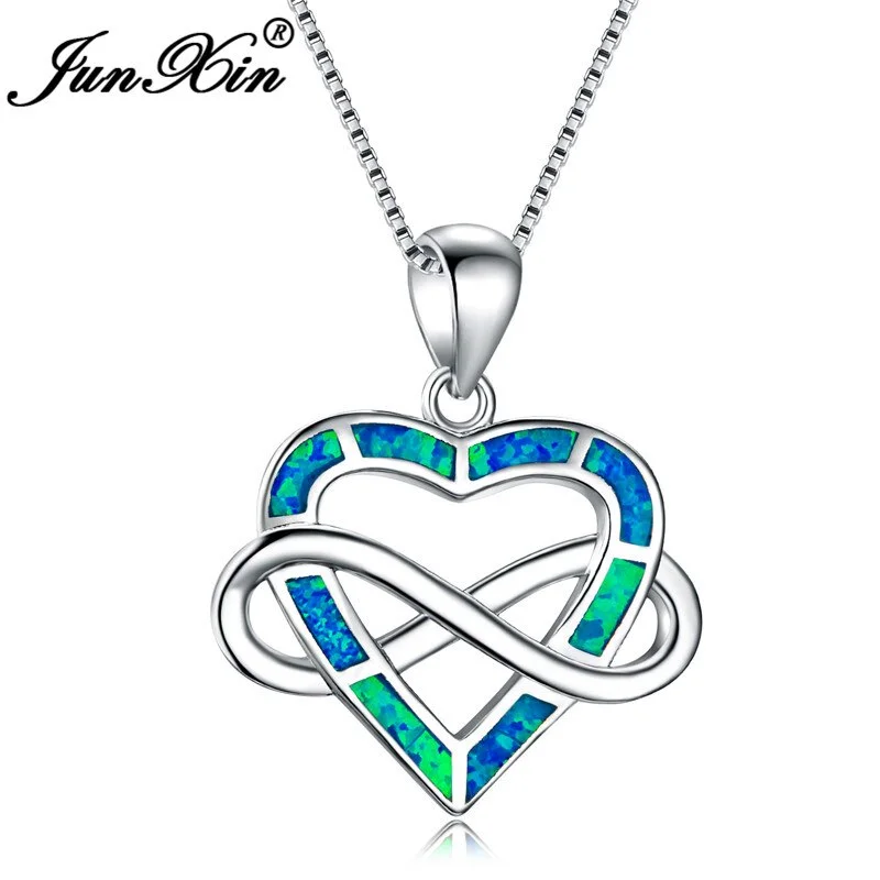 JUNXIN Love Infinity Letter 8 Shaped Crossed Blue Fire Opal Heart Pendant Necklaces For Women Silver Color Gifts