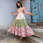 Women's Vintage Floral Patchwork Comfy Linen V-neck Spring Dress - Image 2