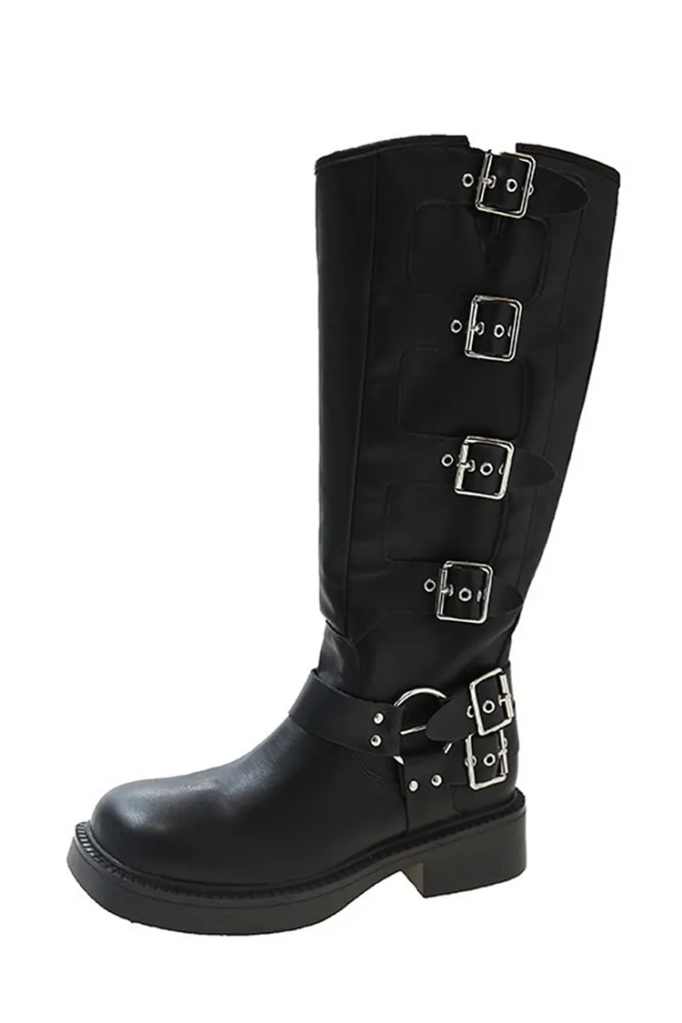 Chunky Heel Buckle Moto Boots