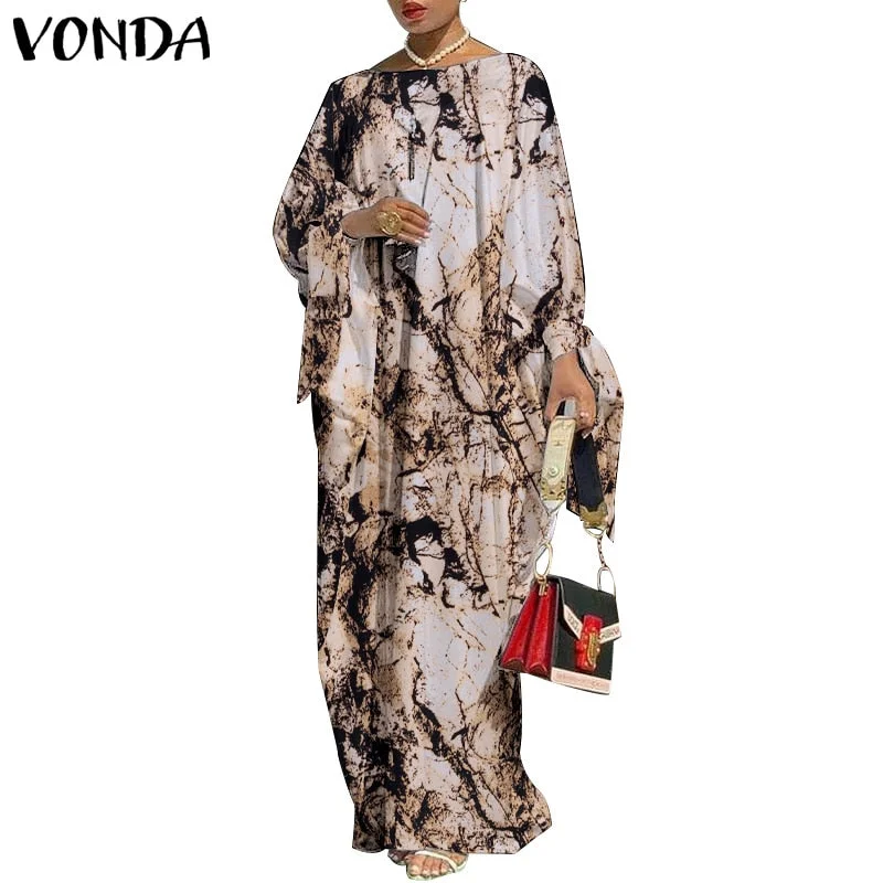 VONDA Robes Women 2022 Vintage Printed Long Sleeve Dresses Casual Loose Bohemian Vestidos Summer Casual Loose Long Maxi Sundress