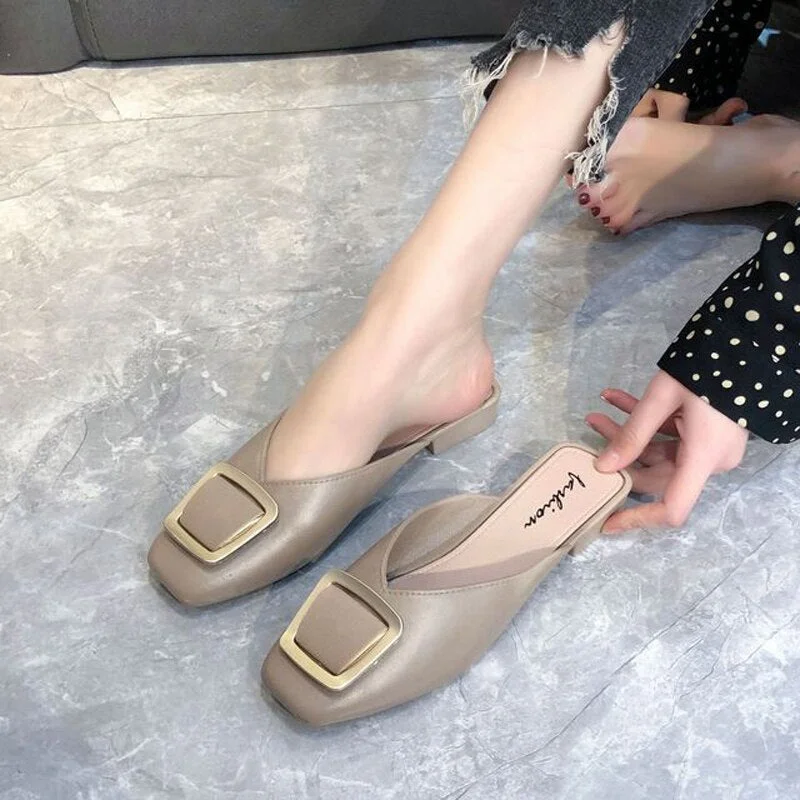 Women's Low Heel Ladies Summer Sexy Square Toe Button Slippers Slip on Leisure Woman Shoes Fashion Feminine Slippers Mules Shoes