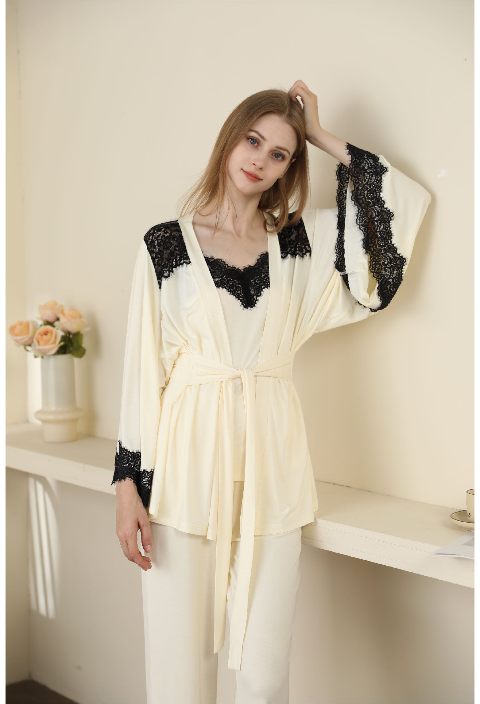 Lovingerie - Sexy Modal Lace Backless Pajama Robe Camisole Set