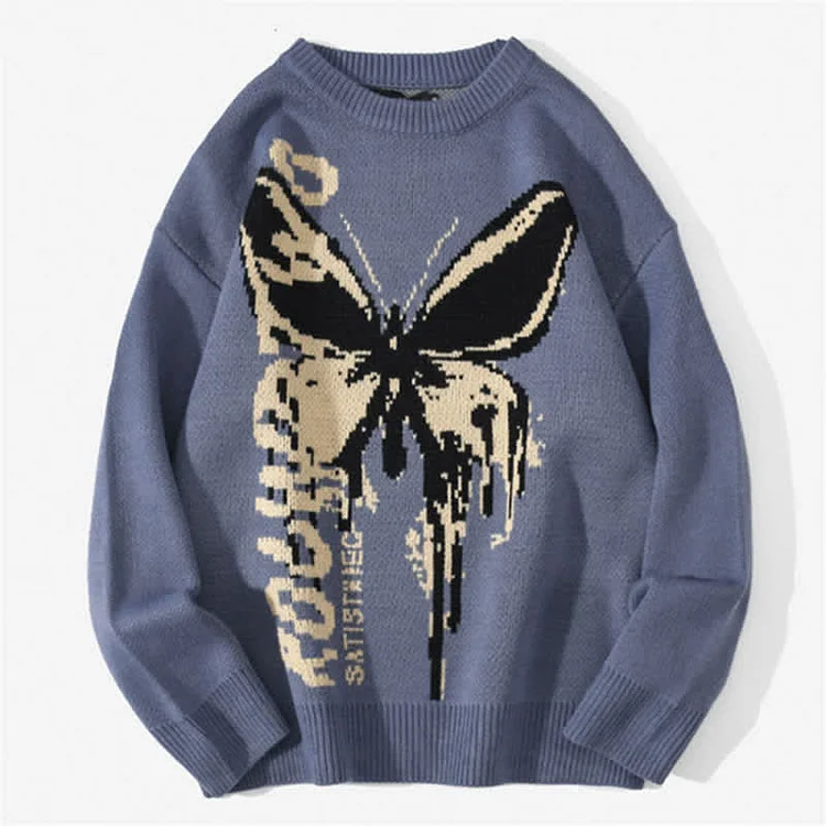 Harajuku Butterfly Letter Print Round Collar Knit Sweater - Modakawa modakawa
