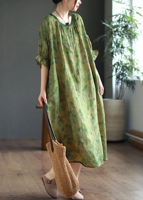 Vintage Green Ruffled Lace Up Print Linen Dress Half Sleeve