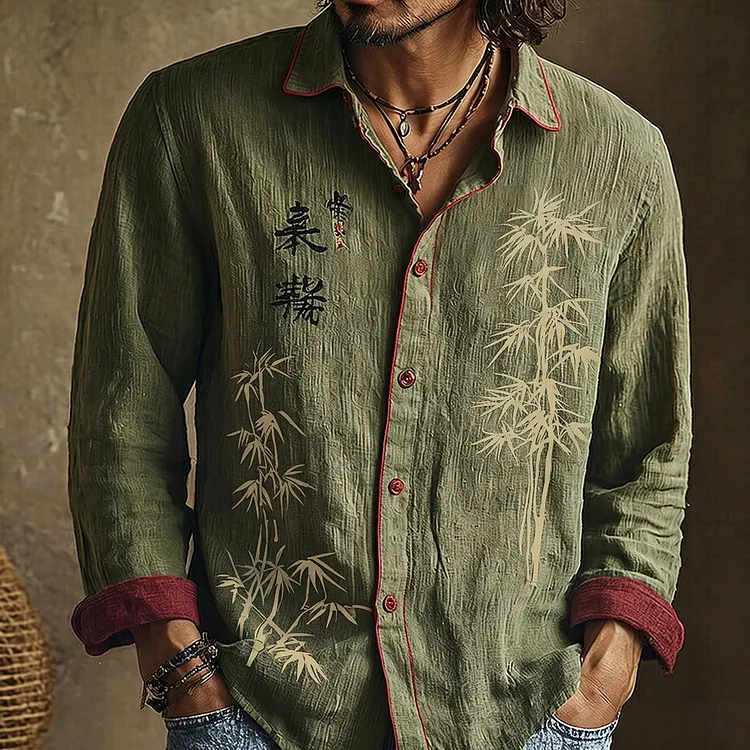Men's Retro Japanese Bamboo And Calligraphy Art Pattern Casual Shirt