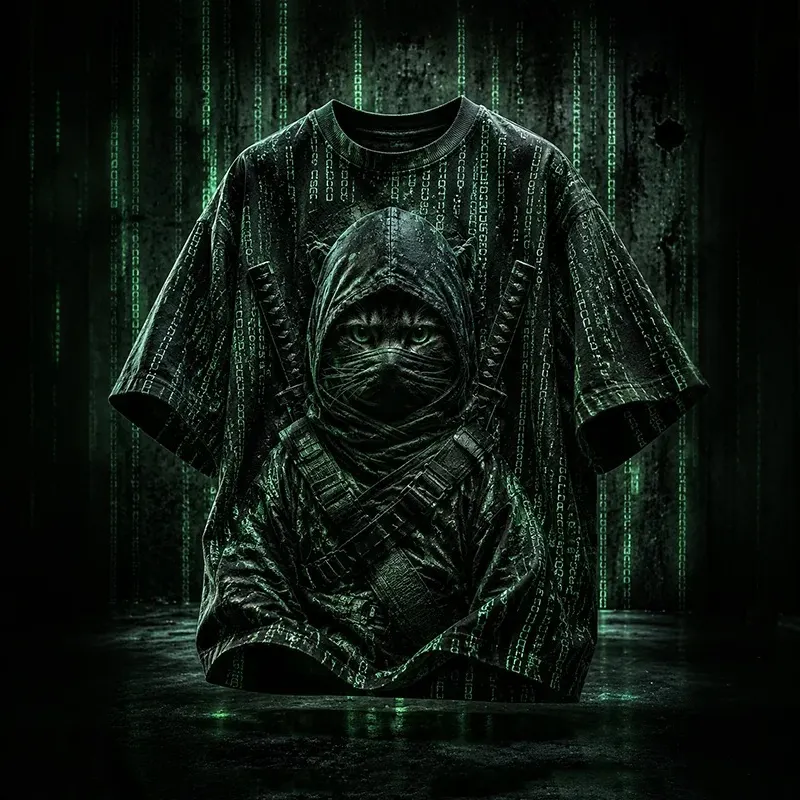 Men's Matrix Ninja Cat Green Binary Code Retro Print T-shirt  artssus