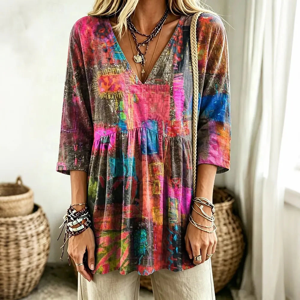 Comstylish Women's Vintage Boho Floral Color Blocksart Linen Blend V-neck T-shirt