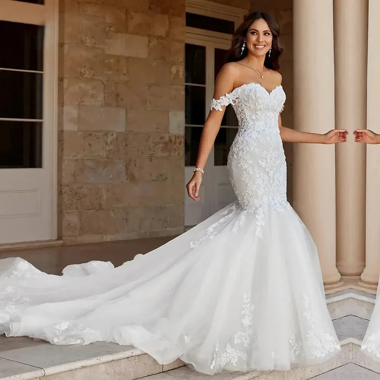 Girlwedding Off The Shoulder Woman's Wedding Dresses Appliques Mermaid Fuffy Tulle Bride Gowns Formal Beach Party Vestidos De Novia
