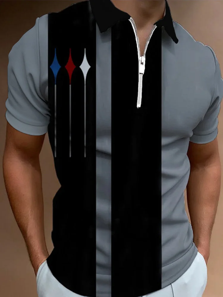 Vinage Gray And Black Stitching Geometrical Element Printing Zipper Spread Collar Short Sleeve Polo BestDVibe