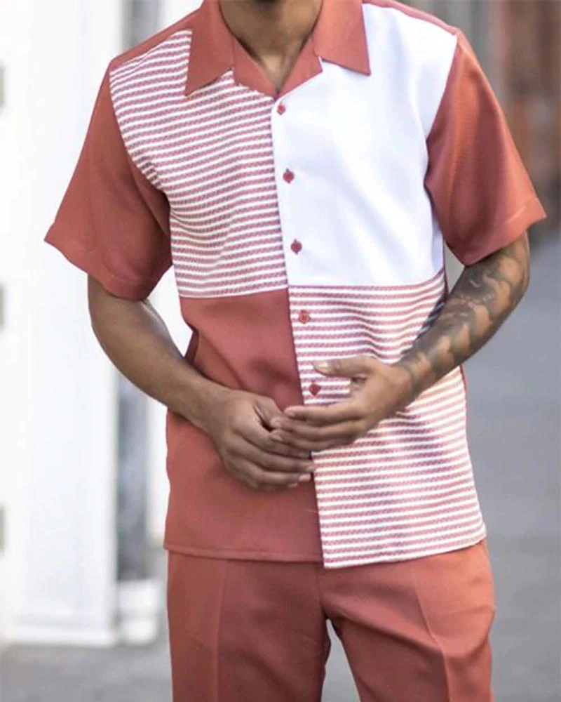 Short Sleeve Print Walking Two Piece Suit Set With Long Pants