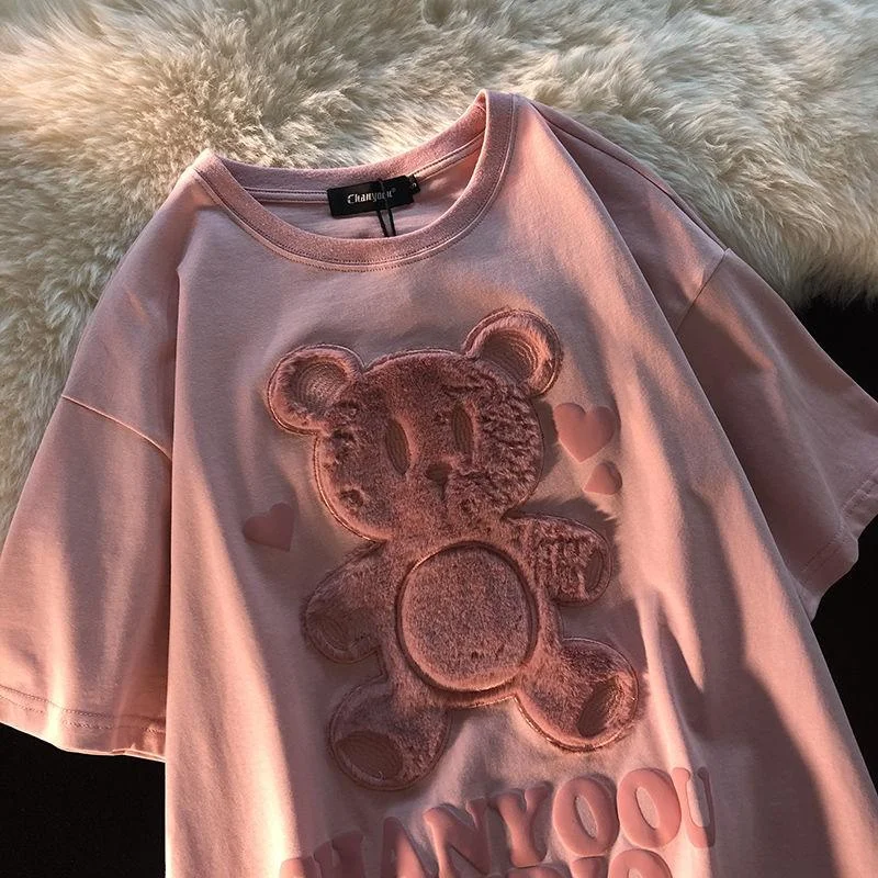 Printed Embroidery Kawaii Short Sleeve Women's T-Shirt  Summer 2021 New Loose Korean Style Bear Top Clothes Cute Cotton Tshirt