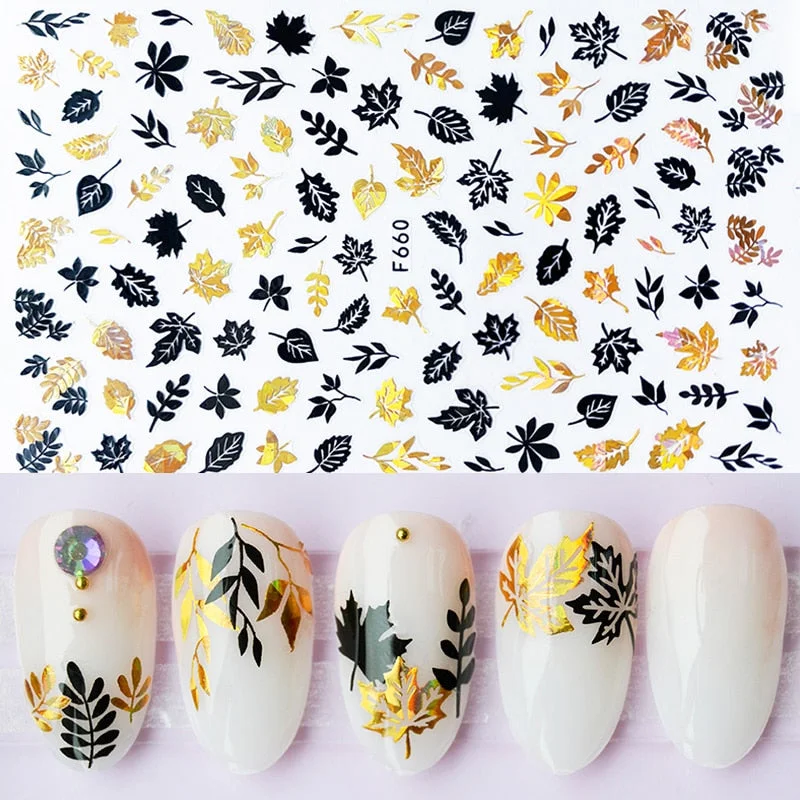 1pcs Black Gold Sping Leaves 3D Nail Sticker Coconut Tree Leaf Pattern Adhesive Transfer Decals Shiny DIY Nail Decoration