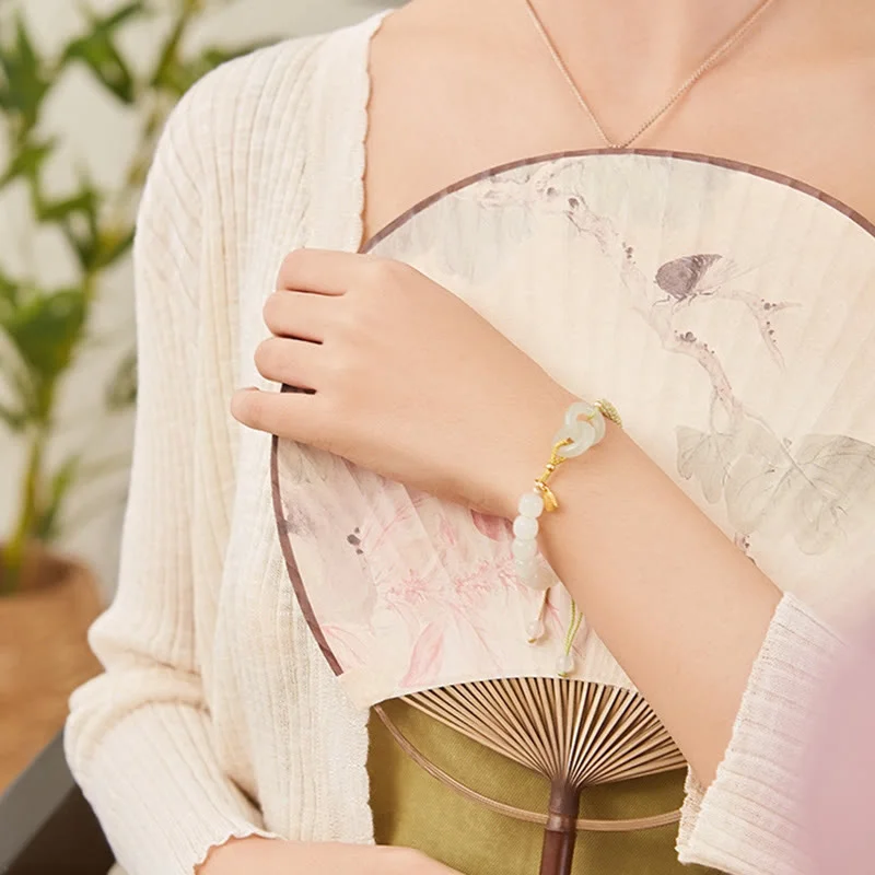 Natural Hetian Jade Bead Double Peace Buckle Fu Character Abundance Braided Bracelet