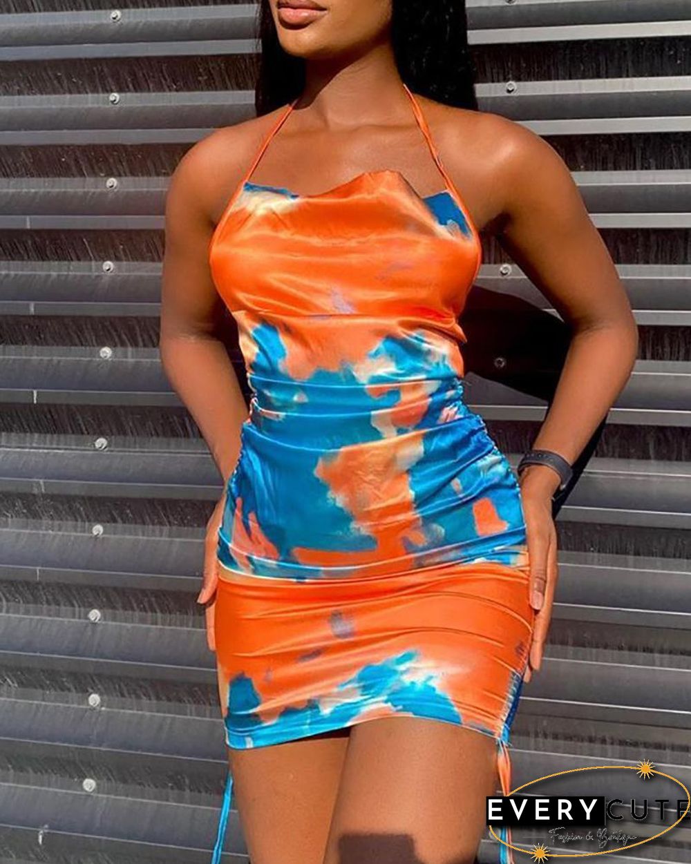 Folded Drawstring Ruched Bodycon Cami Dress P12058