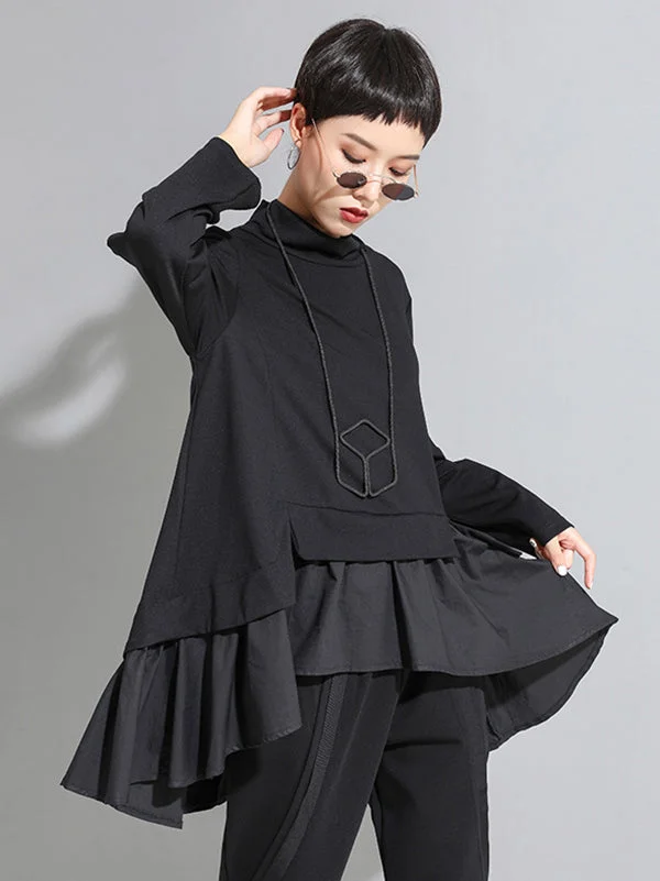High-Low A-Line Falbala Split-Joint Split-Back High-Neck T-Shirts Tops